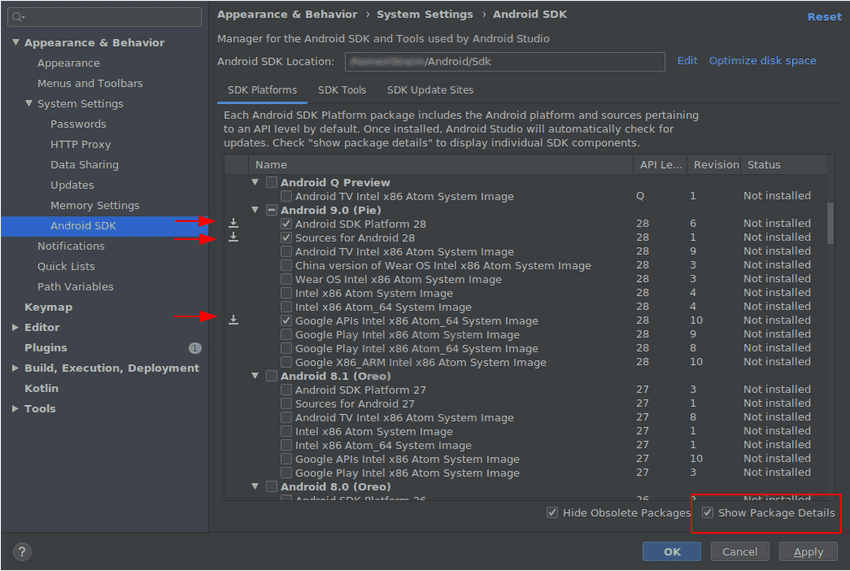 The required SDK Platform options