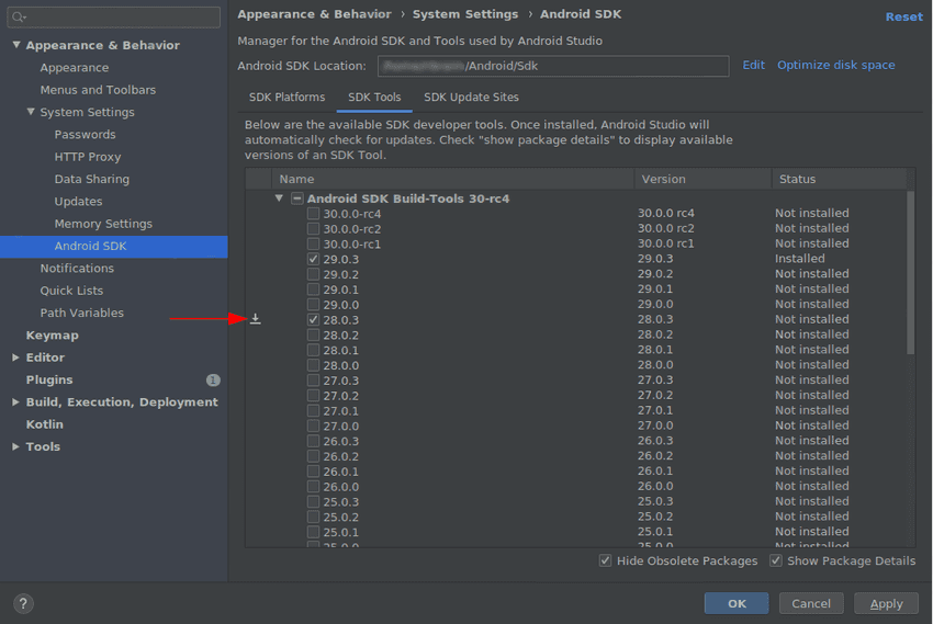 The required SDK Tools configuration